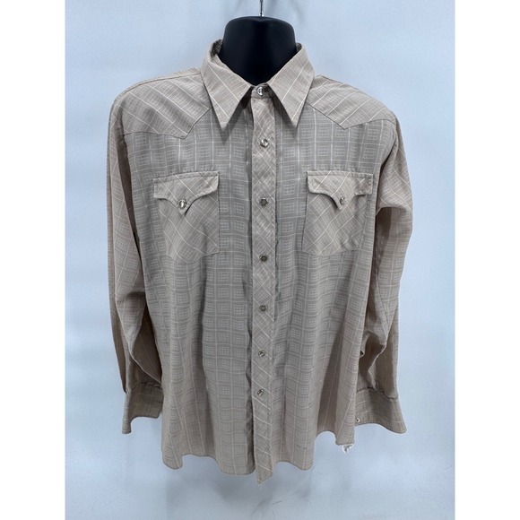 HBarC Ranchwear Long Tail Permanent Press Western Tan Plaid Pearl Snap Size 16 - Picture 2 of 6